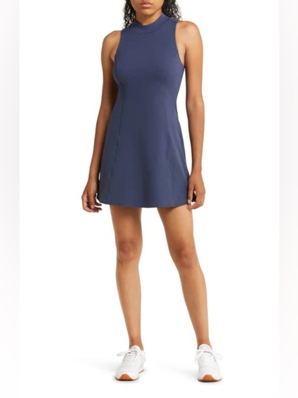 Outdoor Voices Bloom Mock-Neck Dress in Navy